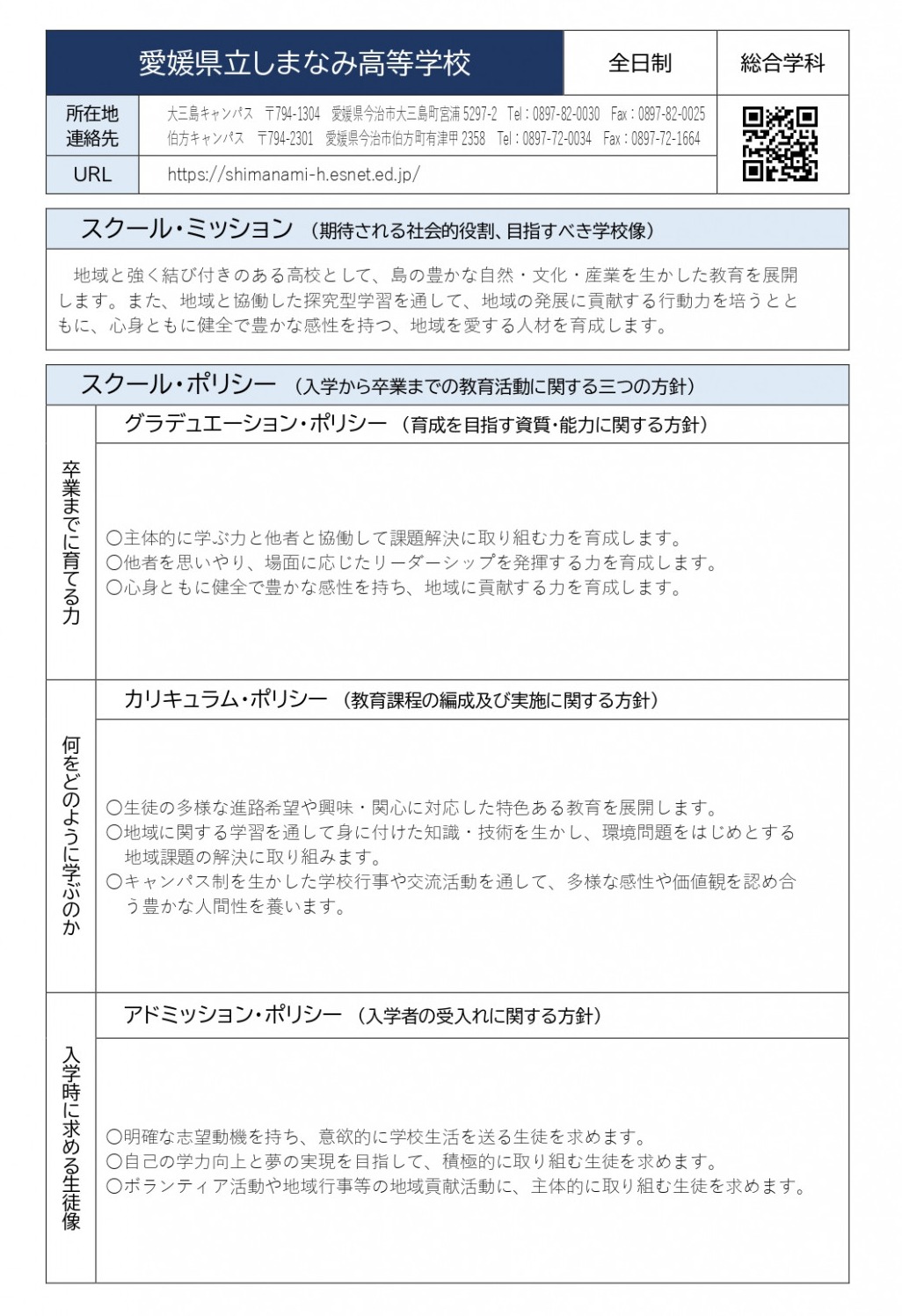【しまなみ高校】 スクール・ポリシー